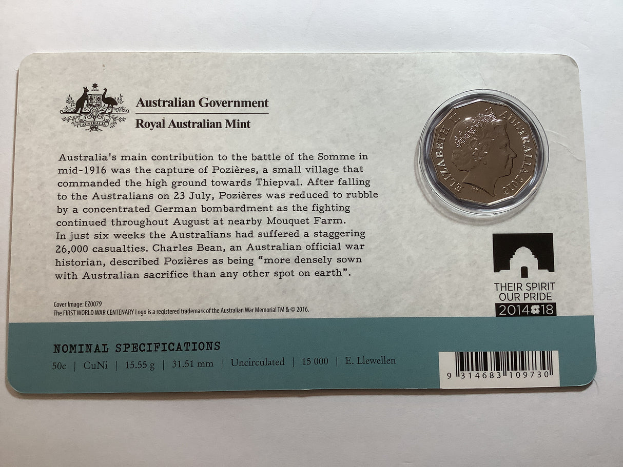 2016 50c The Battle of Pozieres uncirculated carded coin