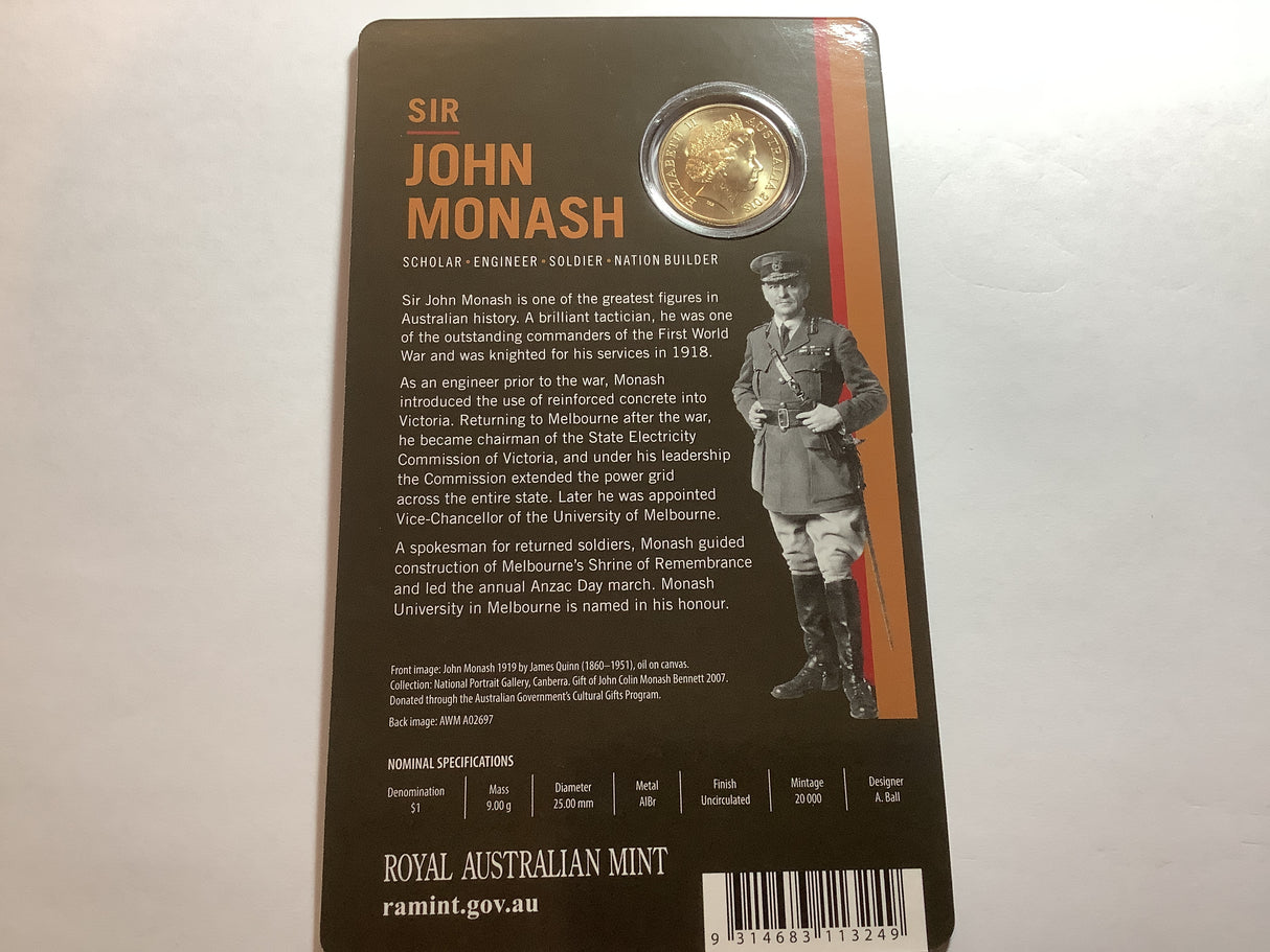 2018 $1 Sir John Monash uncirculated carded coin