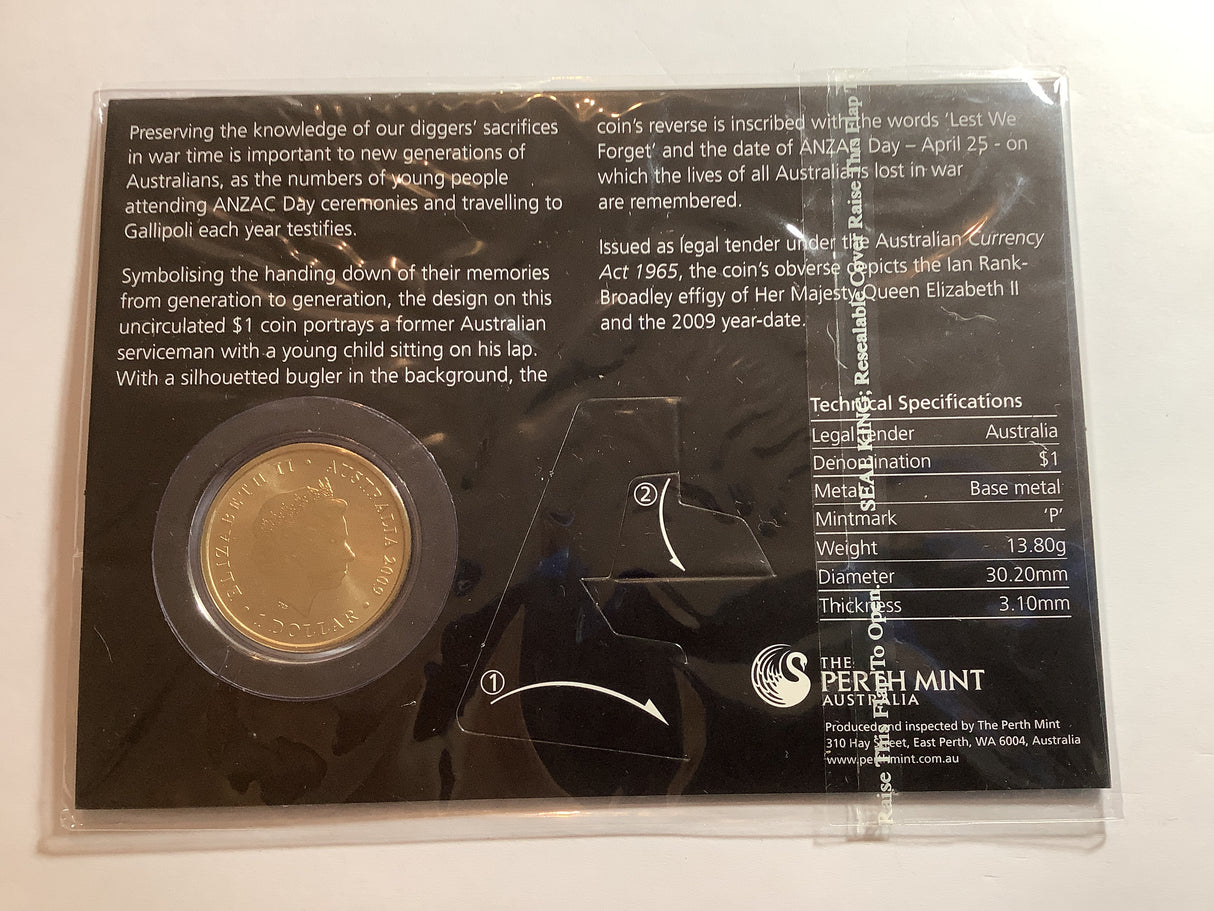 2009 $1 Anzac Day Lest We Forget Uncirculated Carded Coin