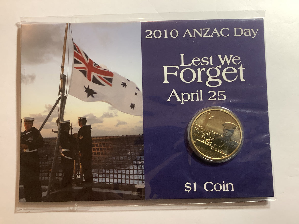 2010 $1 Anzac Day Lest We Forget Uncirculated Carded Coin