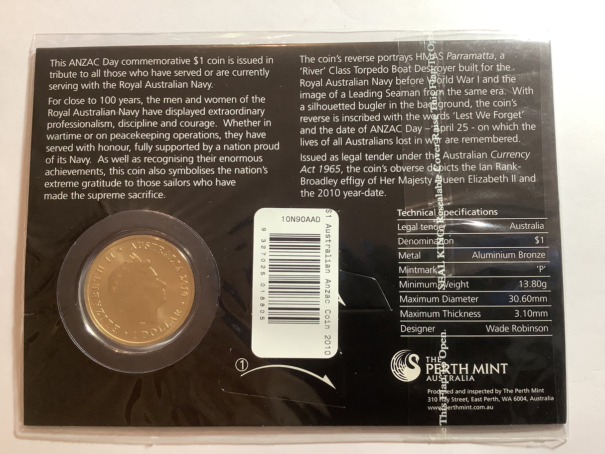 2010 $1 Anzac Day Lest We Forget Uncirculated Carded Coin