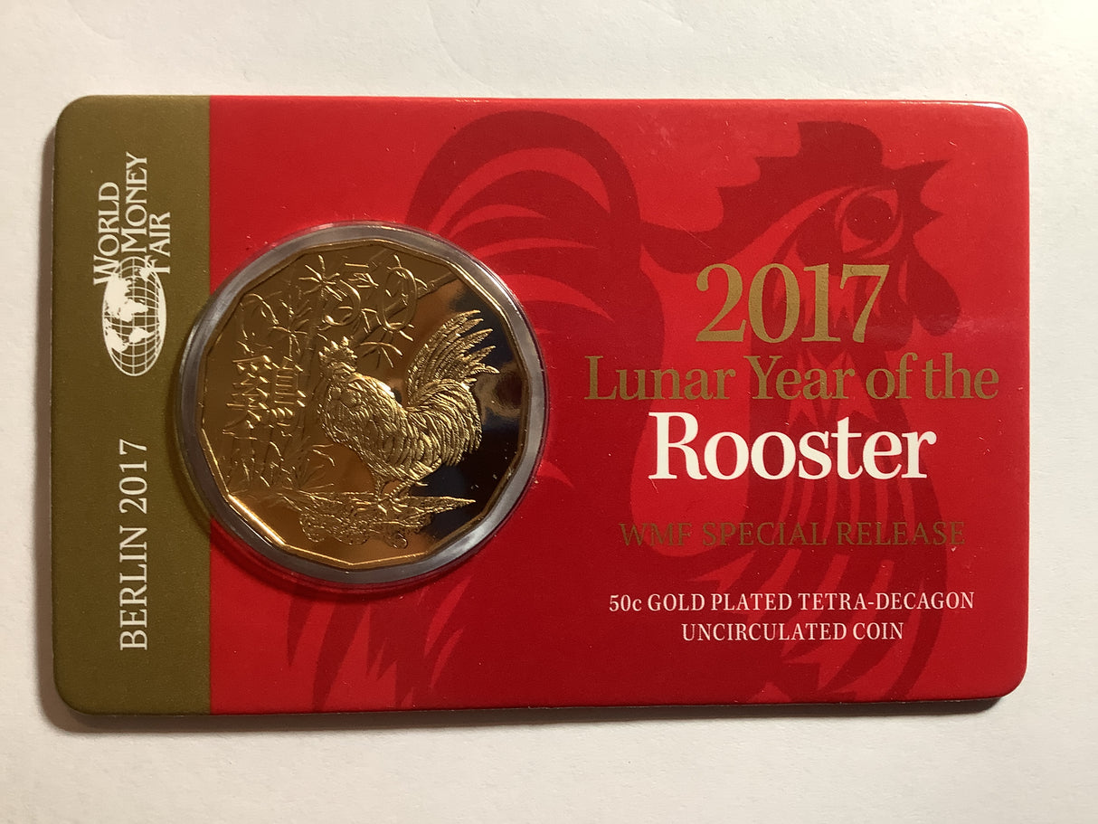 2017 Lunar Year of the Rooster 50c Gold Plated Tetra-Decagon. WORLD MONEY FAIR Berlin.