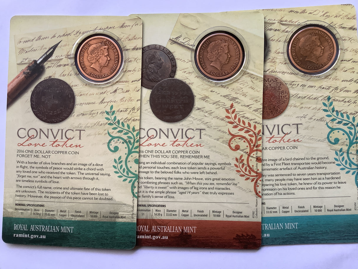 2016 $1 Convict Love Tokens Three Coin Copper Set