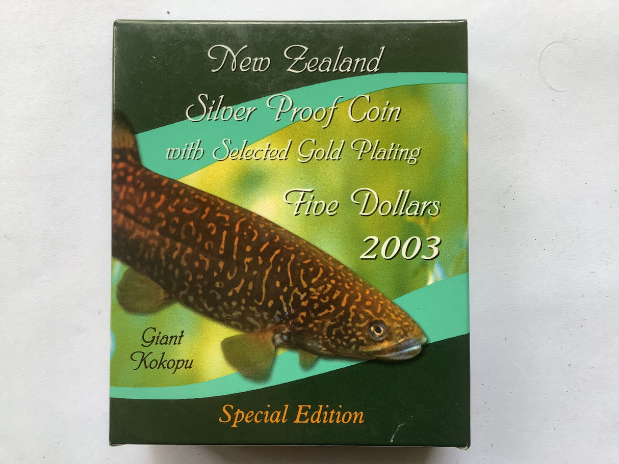 2003 $5 New Zealand Proof Coin with Selectively Gold Plating Gaint Kokopu