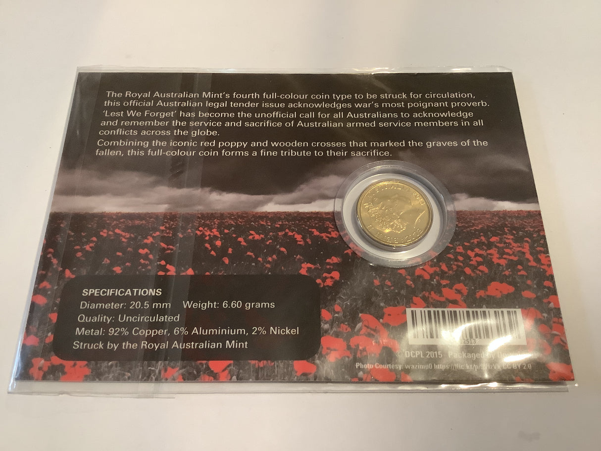 2015 Lest We Forget Uncirculated Carded $2 Coin.