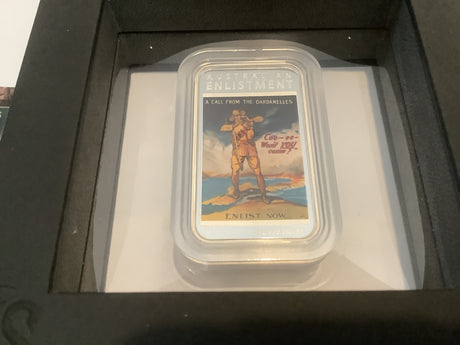 2014 $1 Silver Proof Coin. Australian Posters of World War 1. Rectangular Coin. Enlistment.