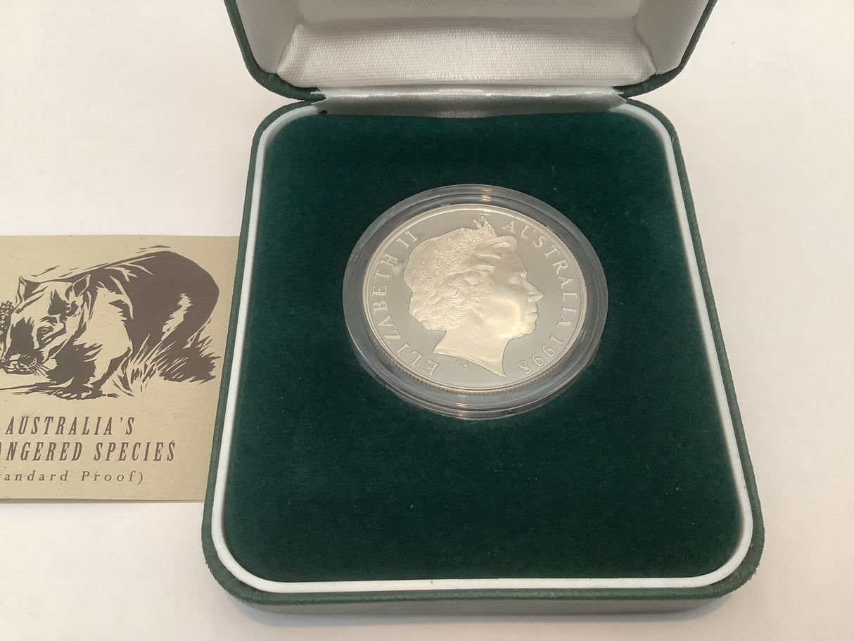 1998 $10 Australia's Endangered Species. Hairy Nose Wombat Silver Proof Coin