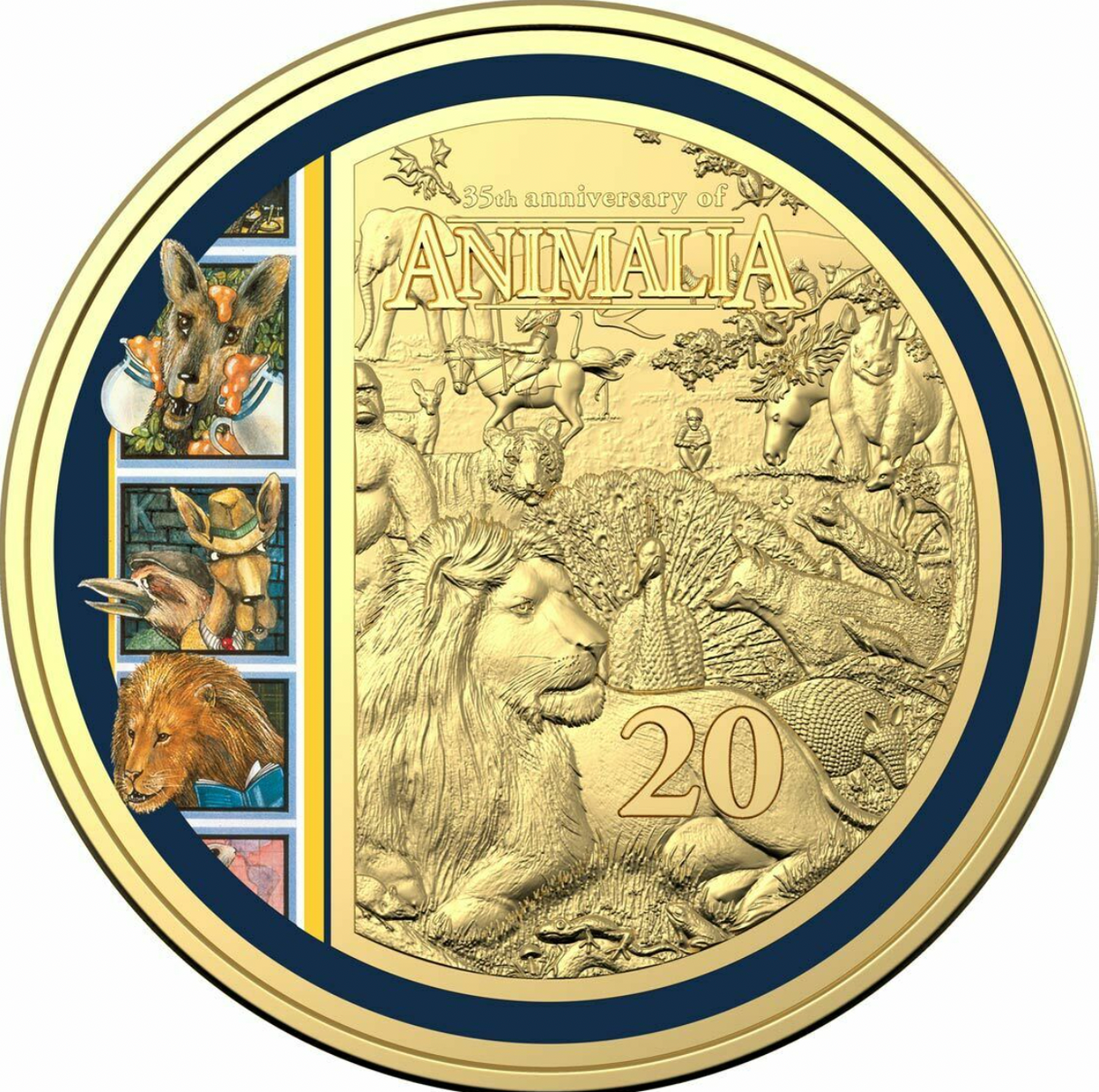 2021 35th Anniversary of Animalia 20c Gold-Plated Uncirculated Coin and Book.