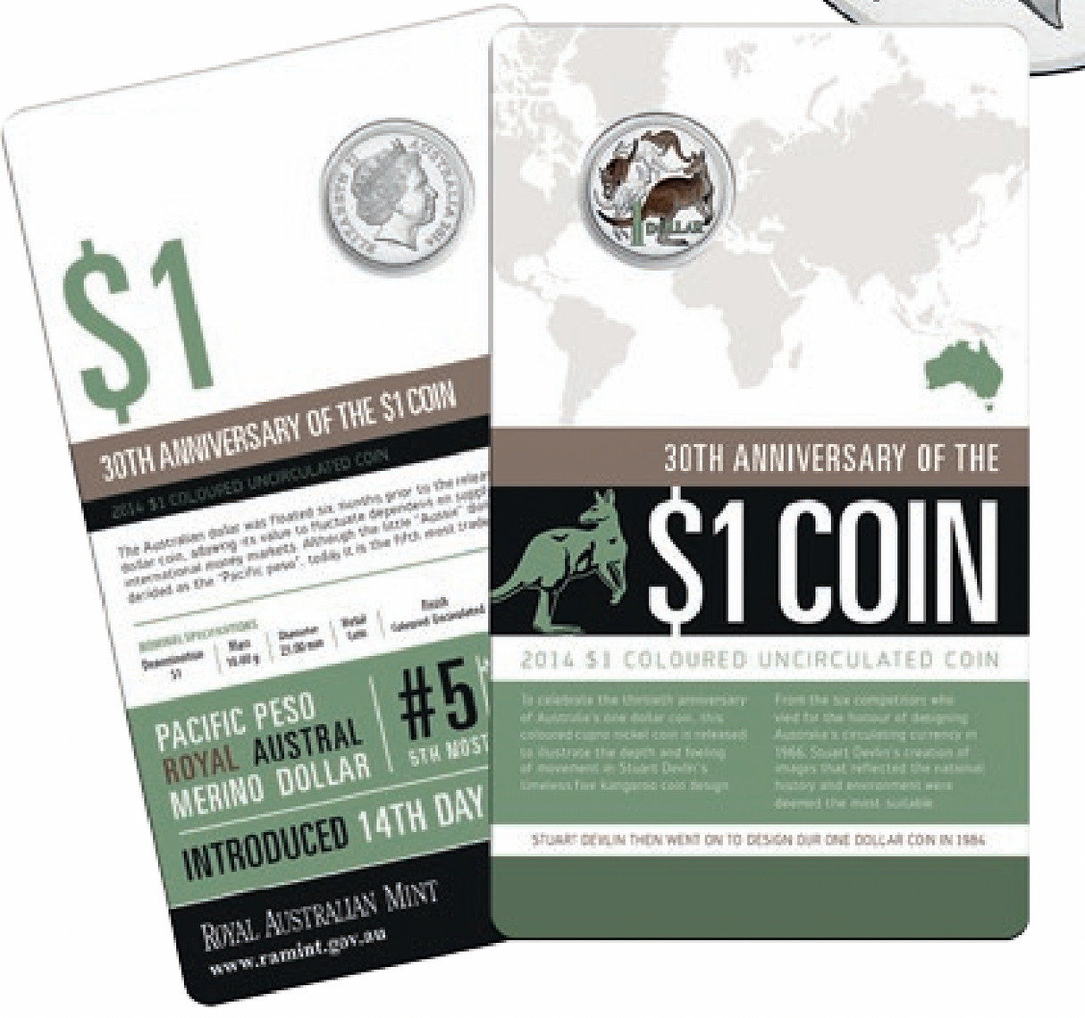 2014 $1 Coloured Uncirculated Coin on Card. 30th Anniversary of $1 Coin.