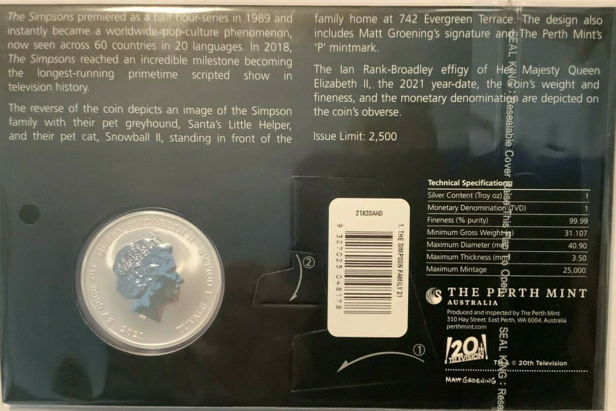 2021 The Simpson Family Silver 1 Ounce Coin.