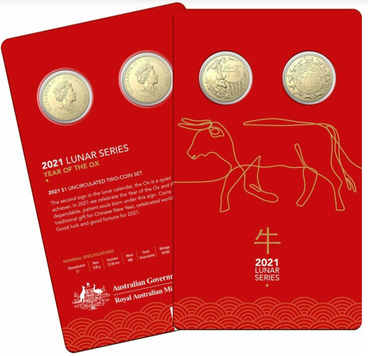 2021 $1 Uncirculated 2 Coin Set: Lunar Year of the Ox.