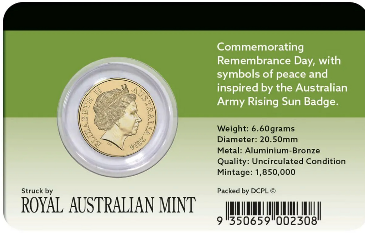 2014 Remembrance Day 2014 $2 Green Dove Al-Br Coin Pack.