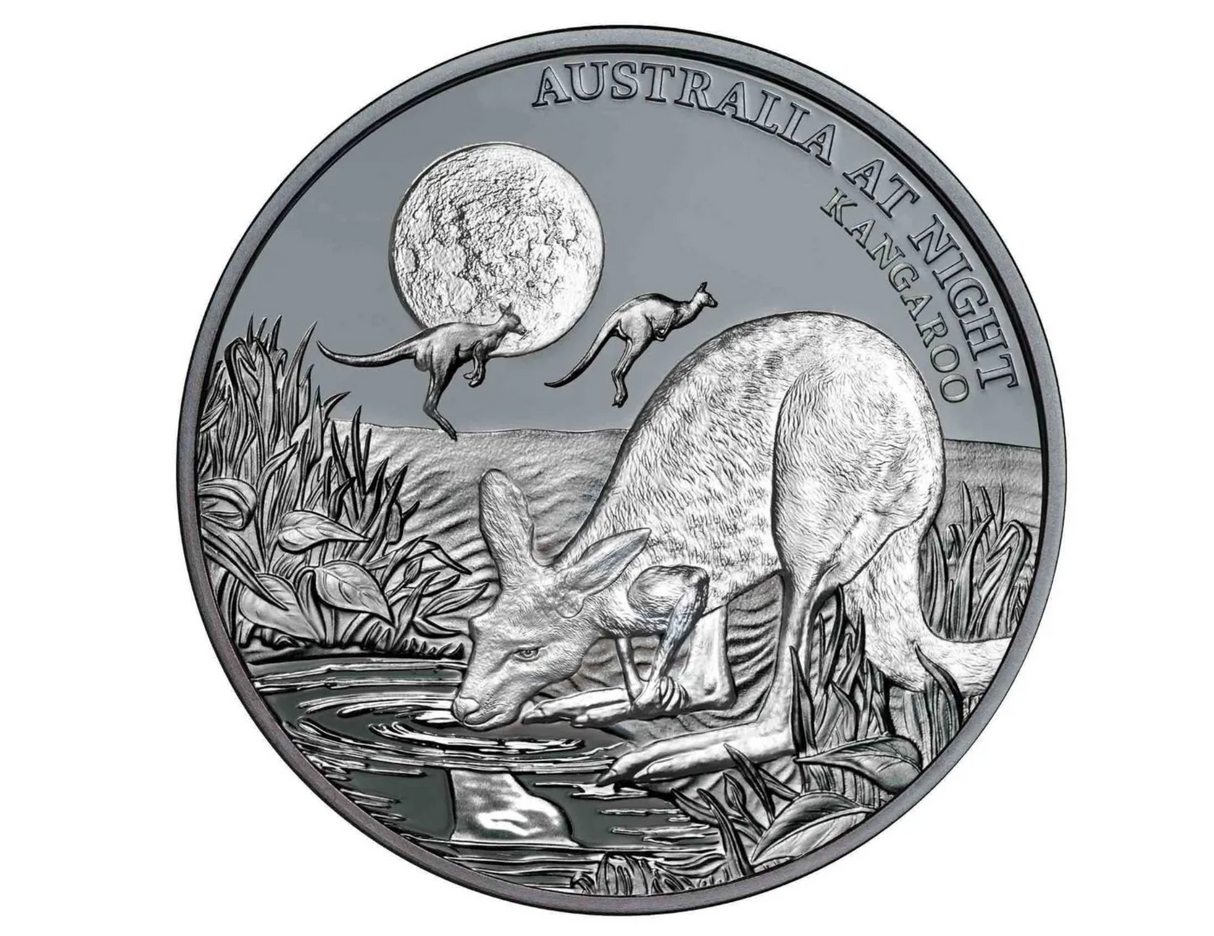 2019 Australia At Night: Kangaroo $1 1 Ounce Silver Black Proof Coin.