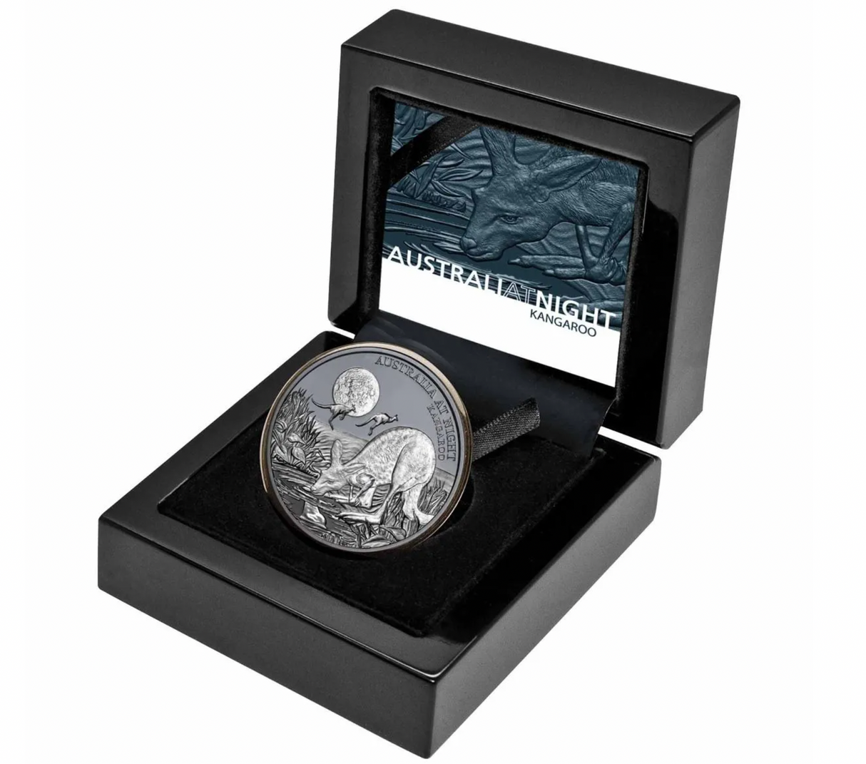 2019 Australia At Night: Kangaroo $1 1 Ounce Silver Black Proof Coin.