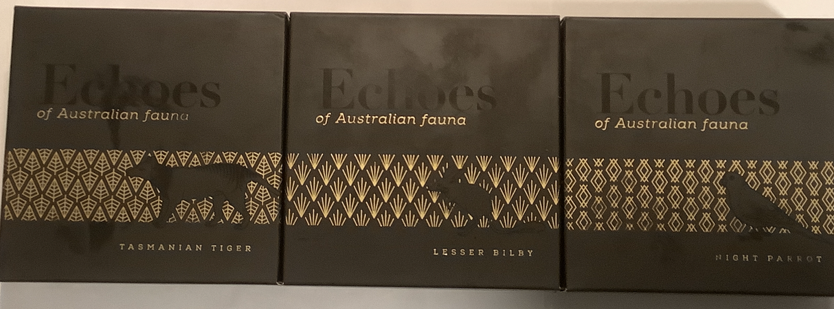 2019 Echoes of Australia three-coin Complete Series. Tasmania Tiger, Lesser Bilby, Night Parrot.