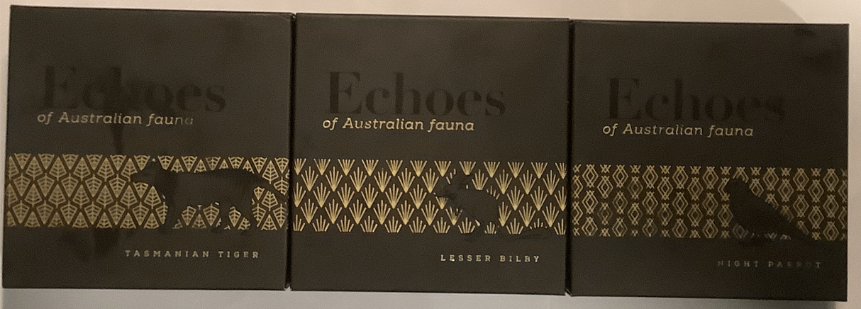 2019 Echoes of Australia three-coin Complete Series. Tasmania Tiger, Lesser Bilby, Night Parrot.