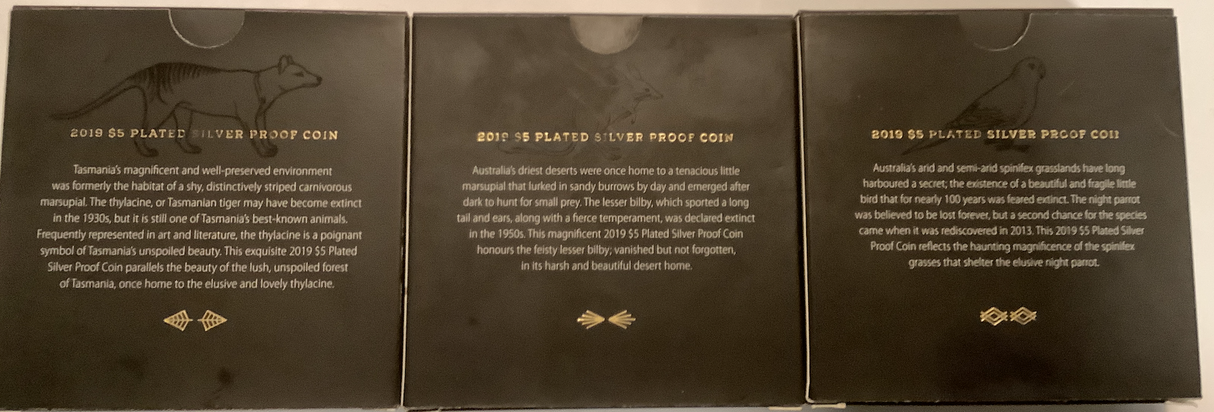 2019 Echoes of Australia three-coin Complete Series. Tasmania Tiger, Lesser Bilby, Night Parrot.