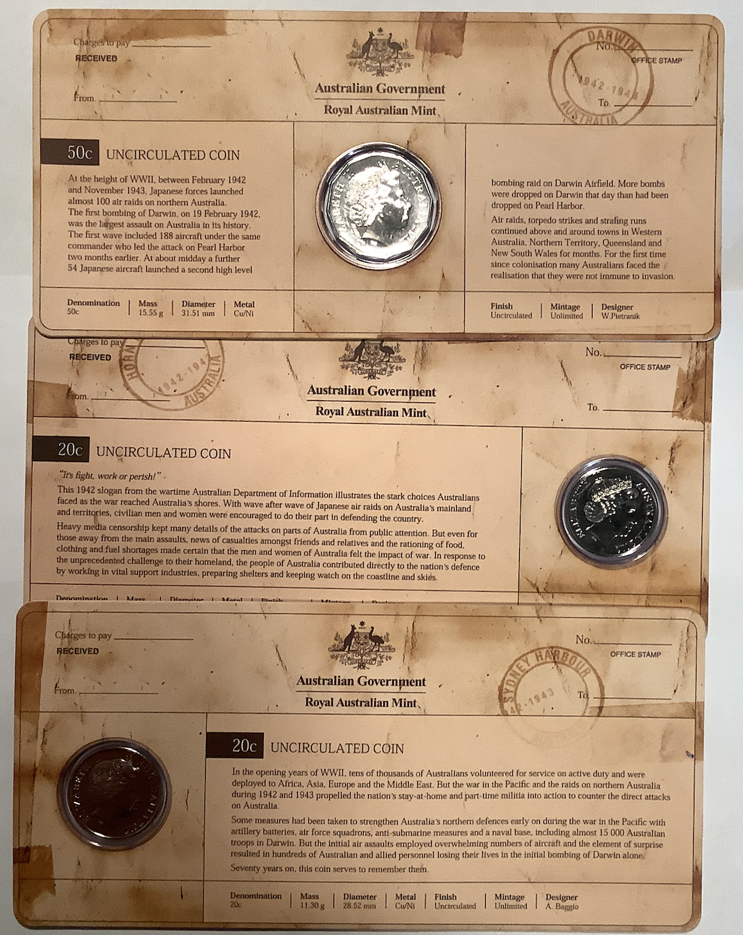 2012 Shores Under Siege Bombing of Australia 3 coin set.