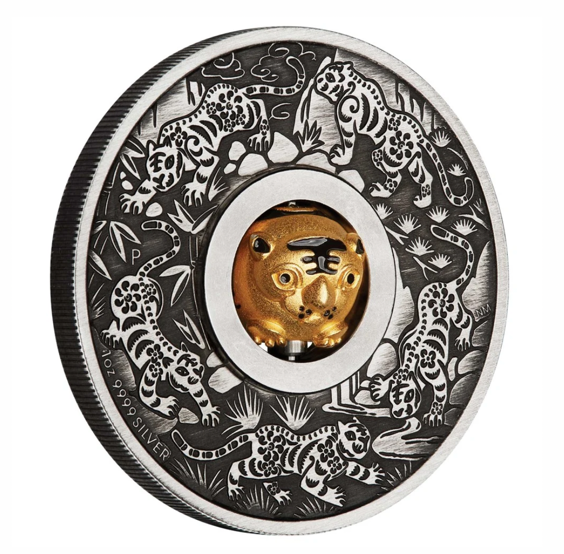 2022 Year of the Tiger Rotating Charm 1oz Silver Antiqued Coin