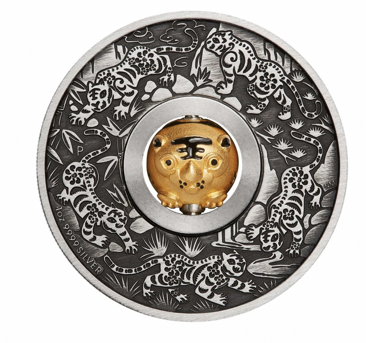 2022 Year of the Tiger Rotating Charm 1oz Silver Antiqued Coin