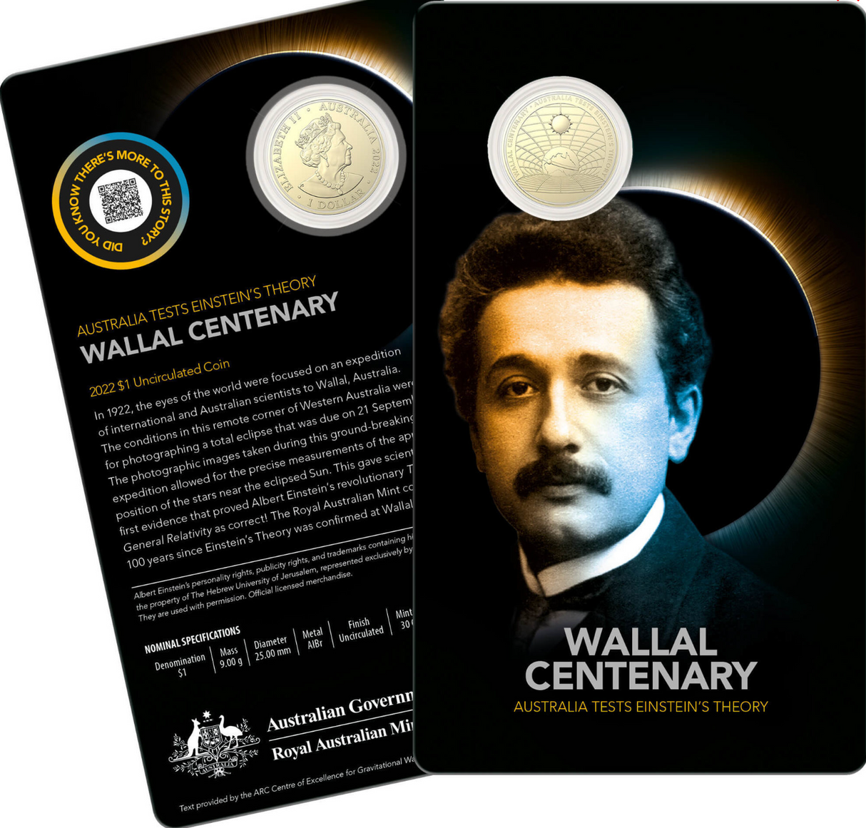 2022 Wallal Centenary Australia Tests Einstein's Theory - $1 Uncirculated coin