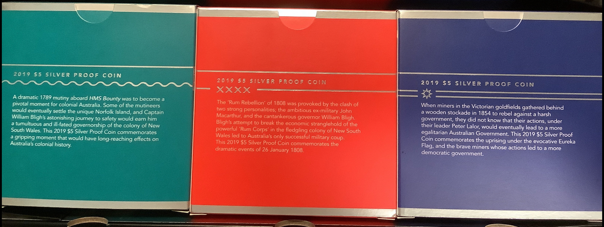 2019 Mutiny And Rebellion Three $5 Silver Proof Coin Set. 1789, 1808, 1854.