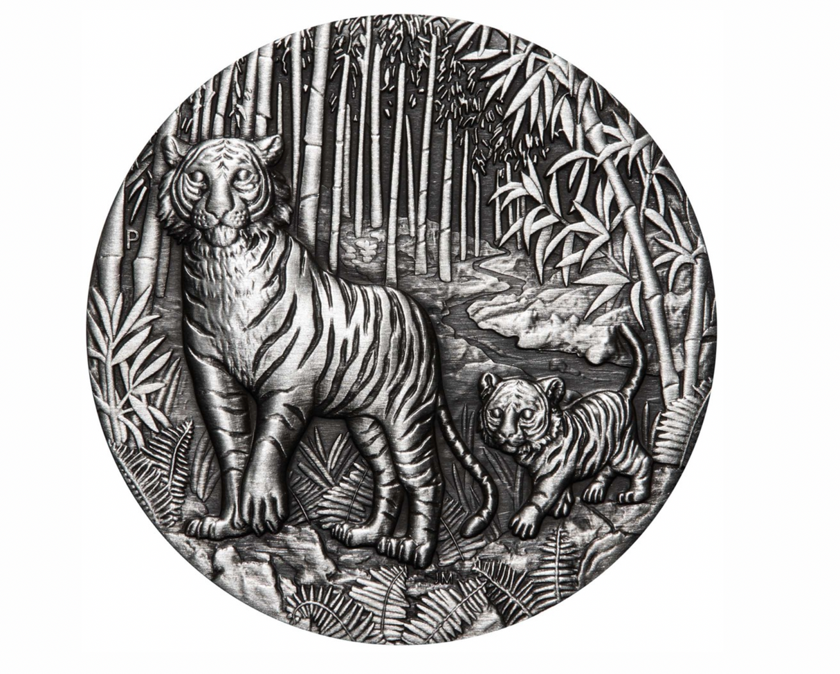 2022 Year of the Tiger. 2 Ounce Silver Antiqued Coin.