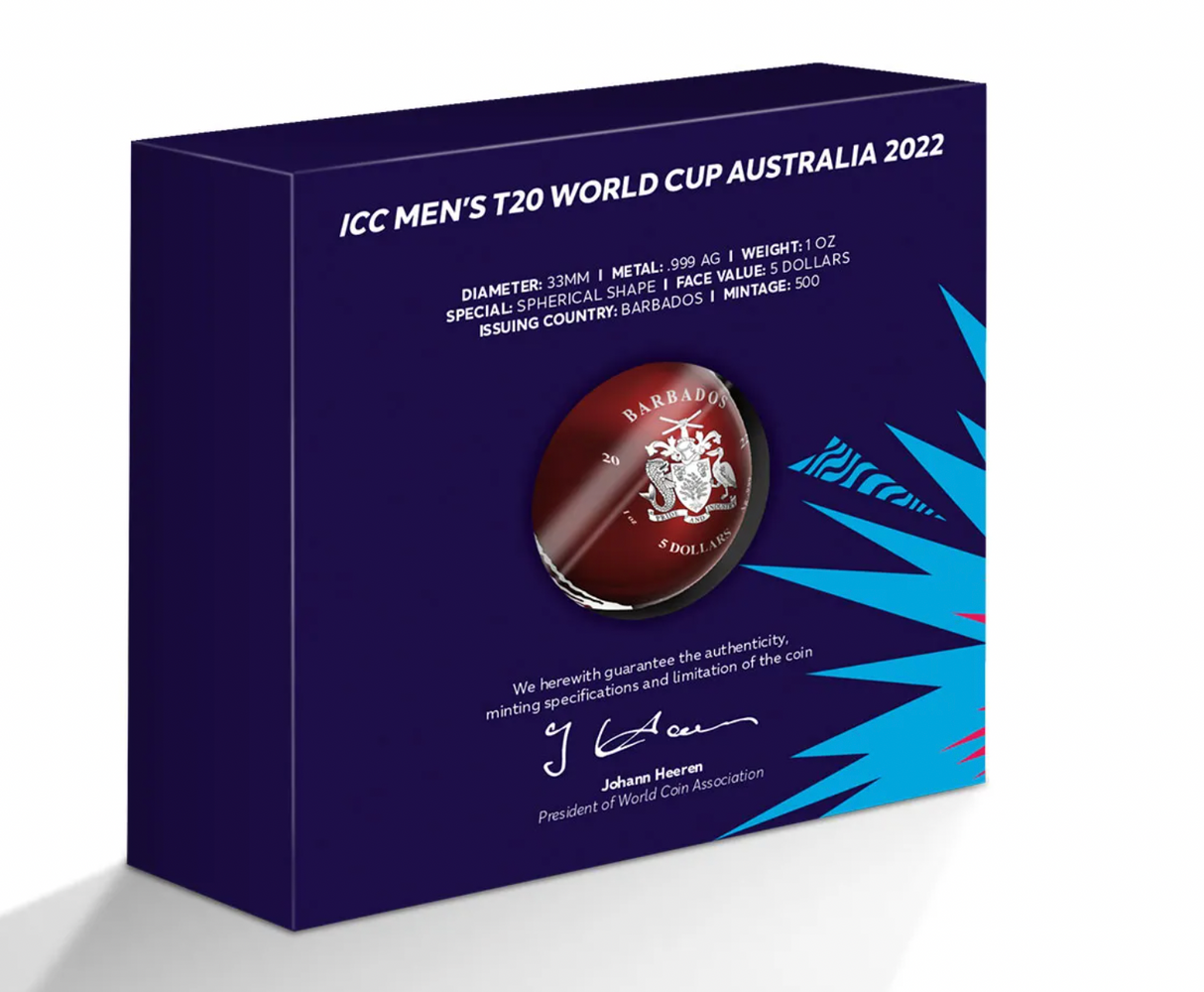 2022 T20 Men's Cricket World Cup $5 Ball-shaped Colour 1oz Silver Coin.