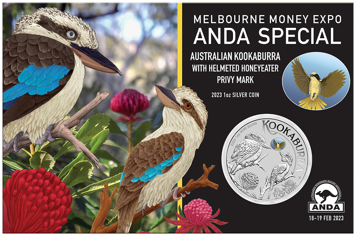 2023 ANDA Melbourne. 1 ounce silver Kookaburra Helmeted Honeyeater Privy.