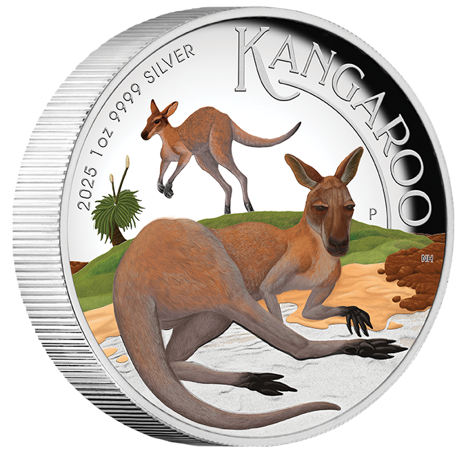 2025 1oz Silver Proof Coloured High Relief Coin. Australian Kangaroo