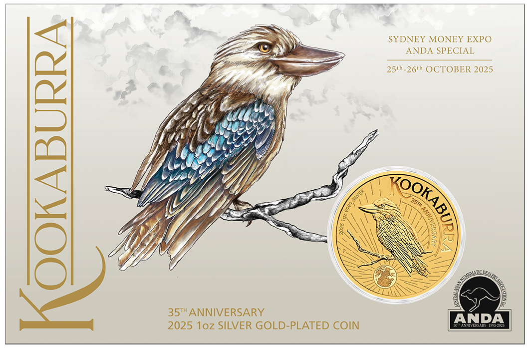 2025 $1 Kookaburra Gold-Gilded 1oz Silver Sydney ANDA Expo Coin