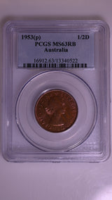 1953(p) Australian Halfpenny - PCGS MS63RB