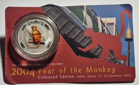 2004 1oz Silver Coloured Year of the Monkey Carded Coin