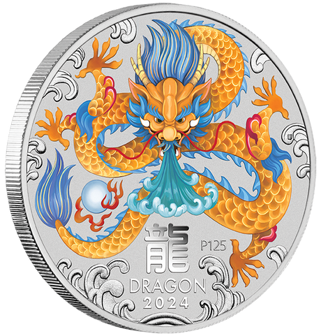 2024 1oz Silver Coloured Coin in Card. Year of the Dragon. Orange