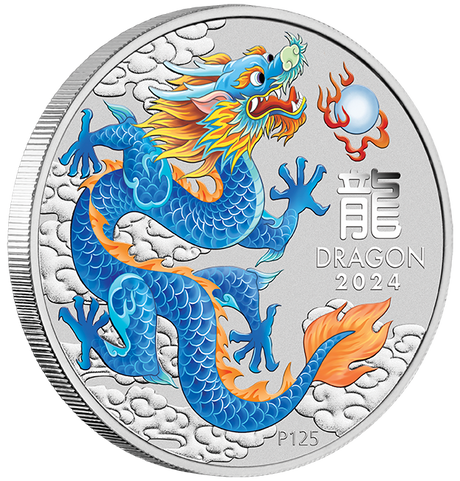 2024 $1 Perth Stamp AND Coin Show Special. Australian Lunar Series III. BLUE DRAGON Year of the Dragon. 1oz Silver Coloured