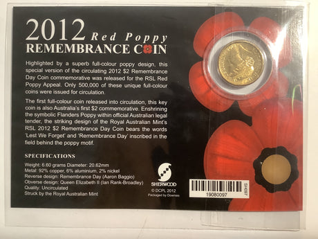 2012 $2 Red Poppy Uncirculated Carded Coin Released By Sherwood.