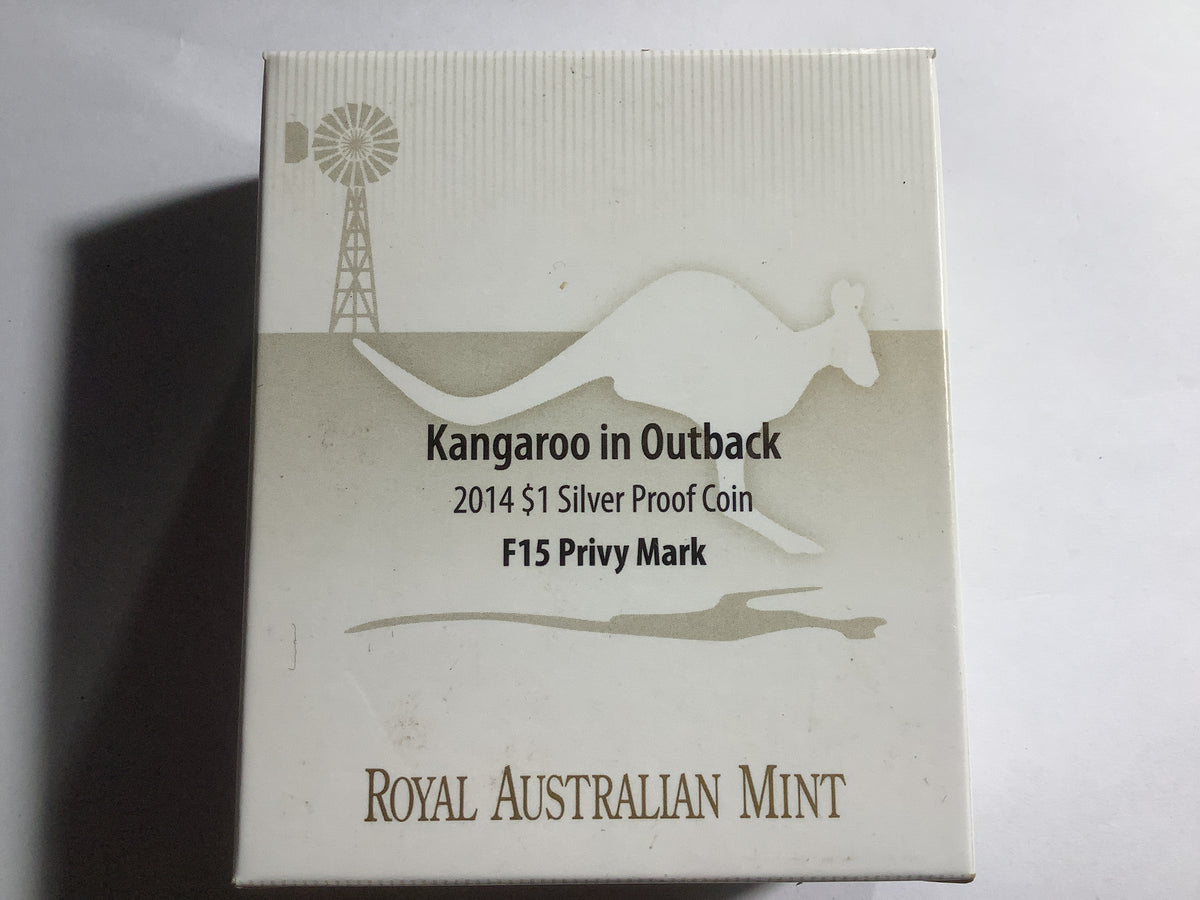 2014 $1 Silver Proof Coin. Kangaroo in Outback. F15 Privy Mark.