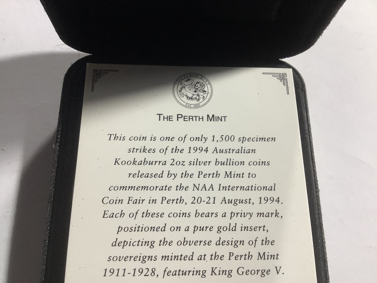 1994 $2 Kookaburra Specimen 2-ounce silver coin. NAA International Coin Fair Perth Release. George V Sovereign Privy Mark.