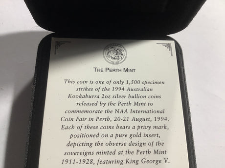 1994 $2 Kookaburra Specimen 2-ounce silver coin. NAA International Coin Fair Perth Release. George V Sovereign Privy Mark.
