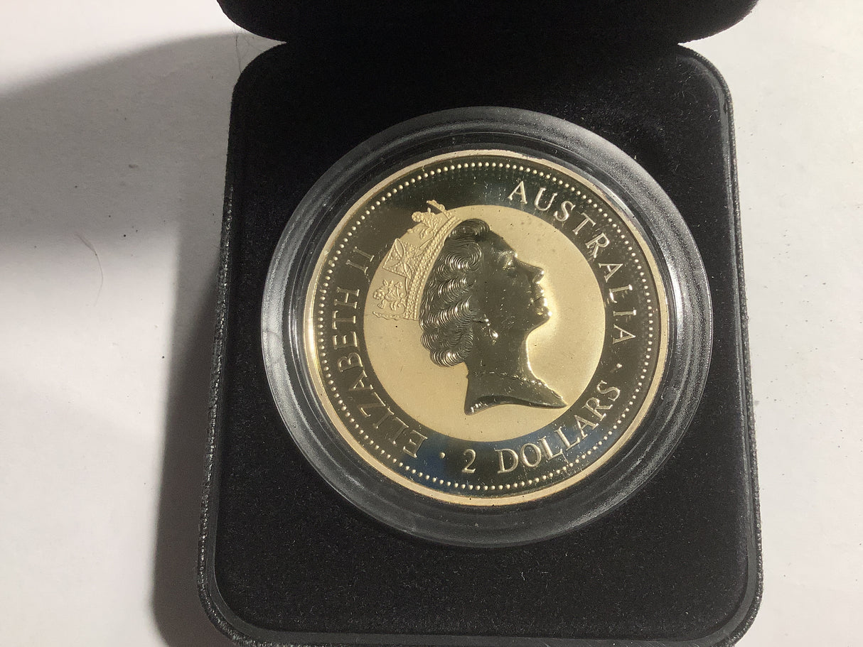 1994 $2 Kookaburra Specimen 2-ounce silver coin. NAA International Coin Fair Perth Release. George V Sovereign Privy Mark.