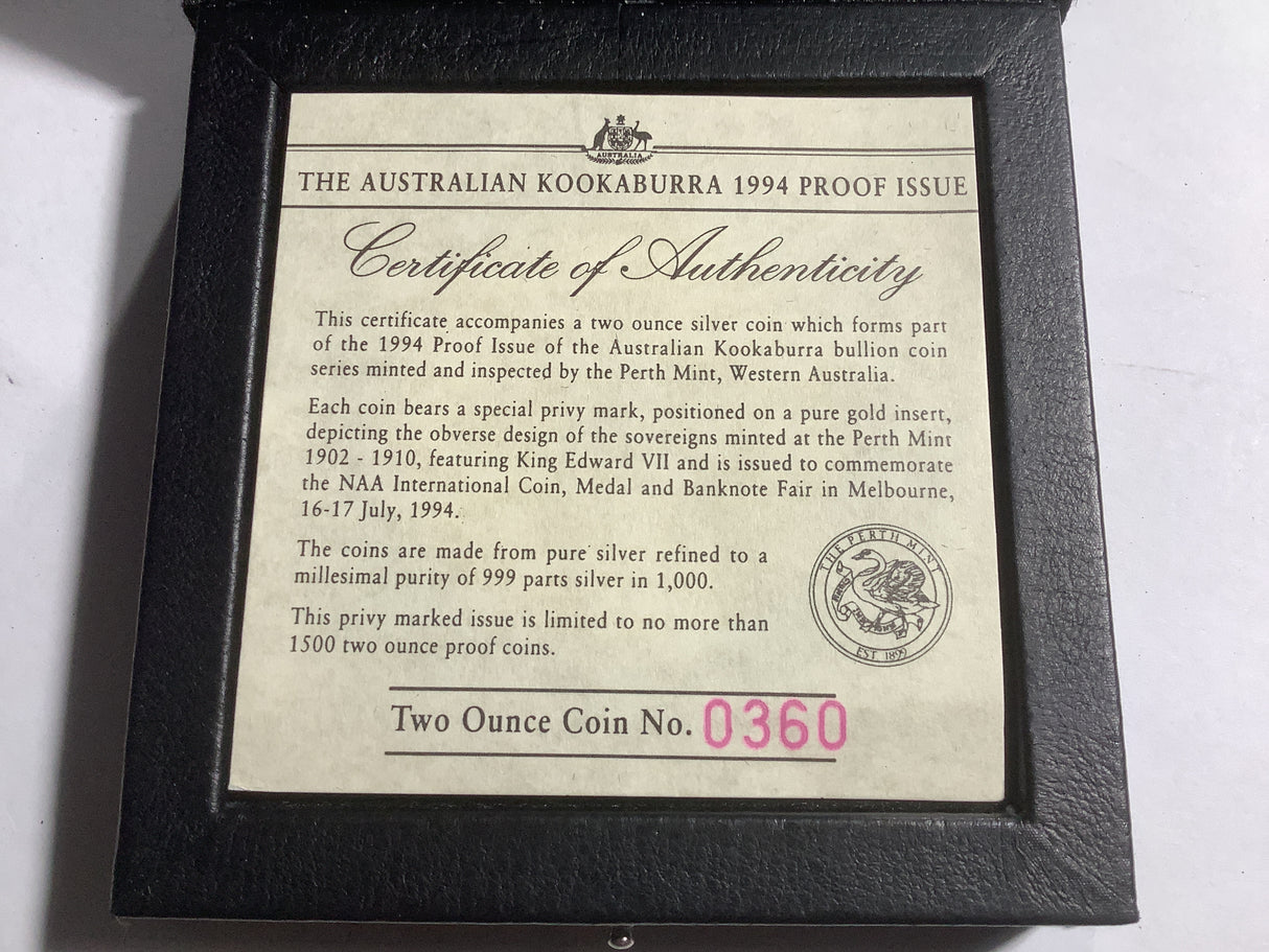 1994 $2 Kookaburra 2-ounce Silver Proof Coin. NAA International Coin Fair Melbourne Release. Edward VII Sovereign Privy Mark.