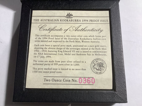 1994 $2 Kookaburra 2-ounce Silver Proof Coin. NAA International Coin Fair Melbourne Release. Edward VII Sovereign Privy Mark.