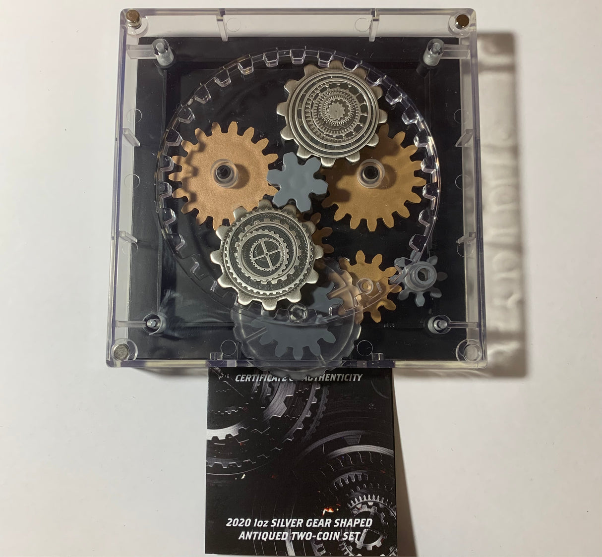 2020 1oz Silver Two-Coin Set. Industry in Motion. Silver Gear Shaped Antiqued Set.