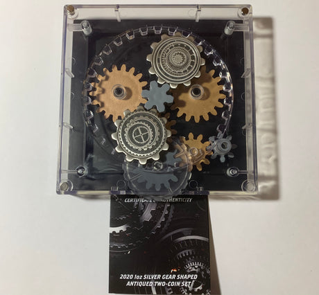 2020 1oz Silver Two-Coin Set. Industry in Motion. Silver Gear Shaped Antiqued Set.