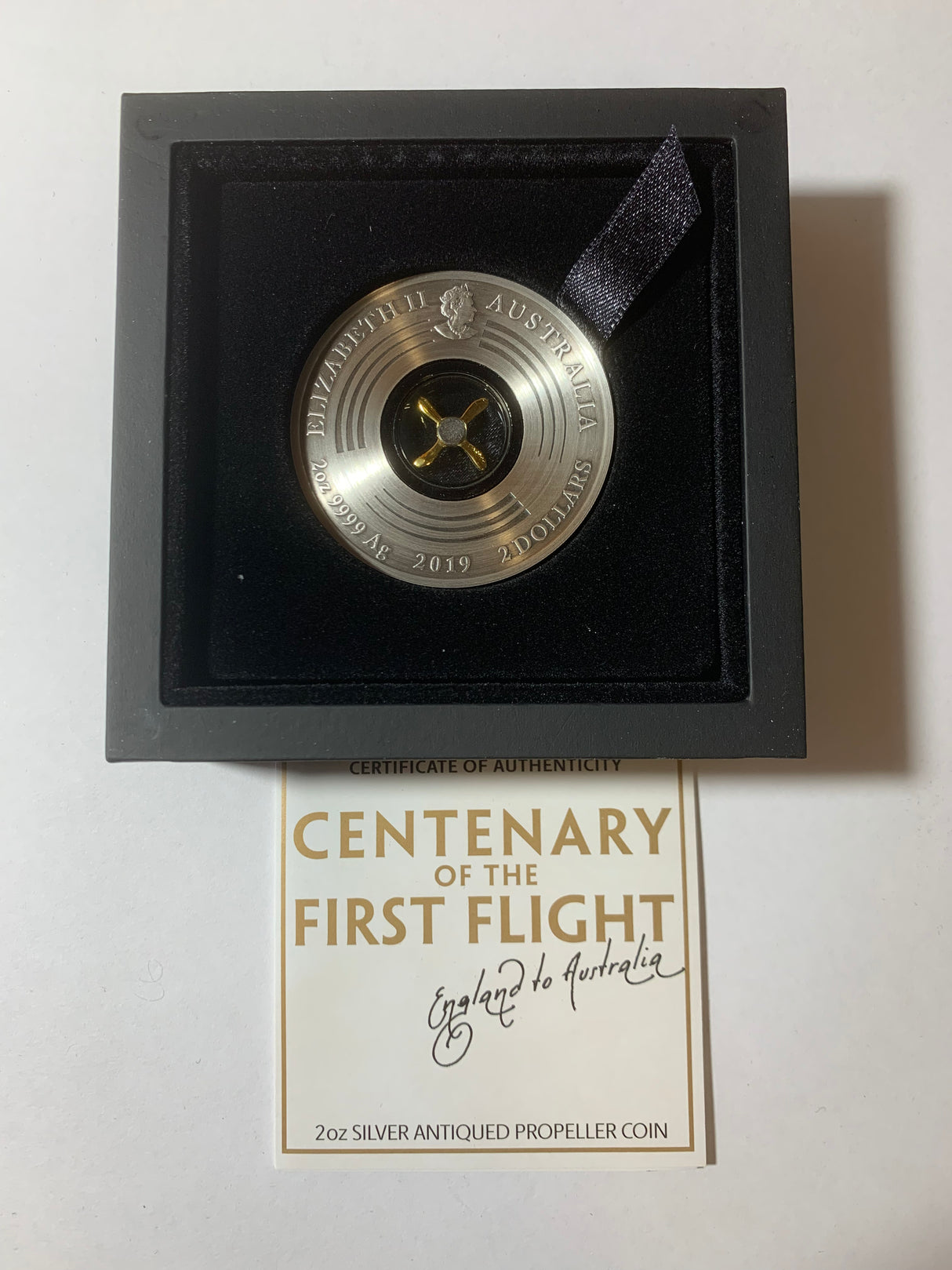 2019 $2 2oz Silver Proof Coin. Centenary of Flight. England to Australia. Antiqued Propeller Coin.