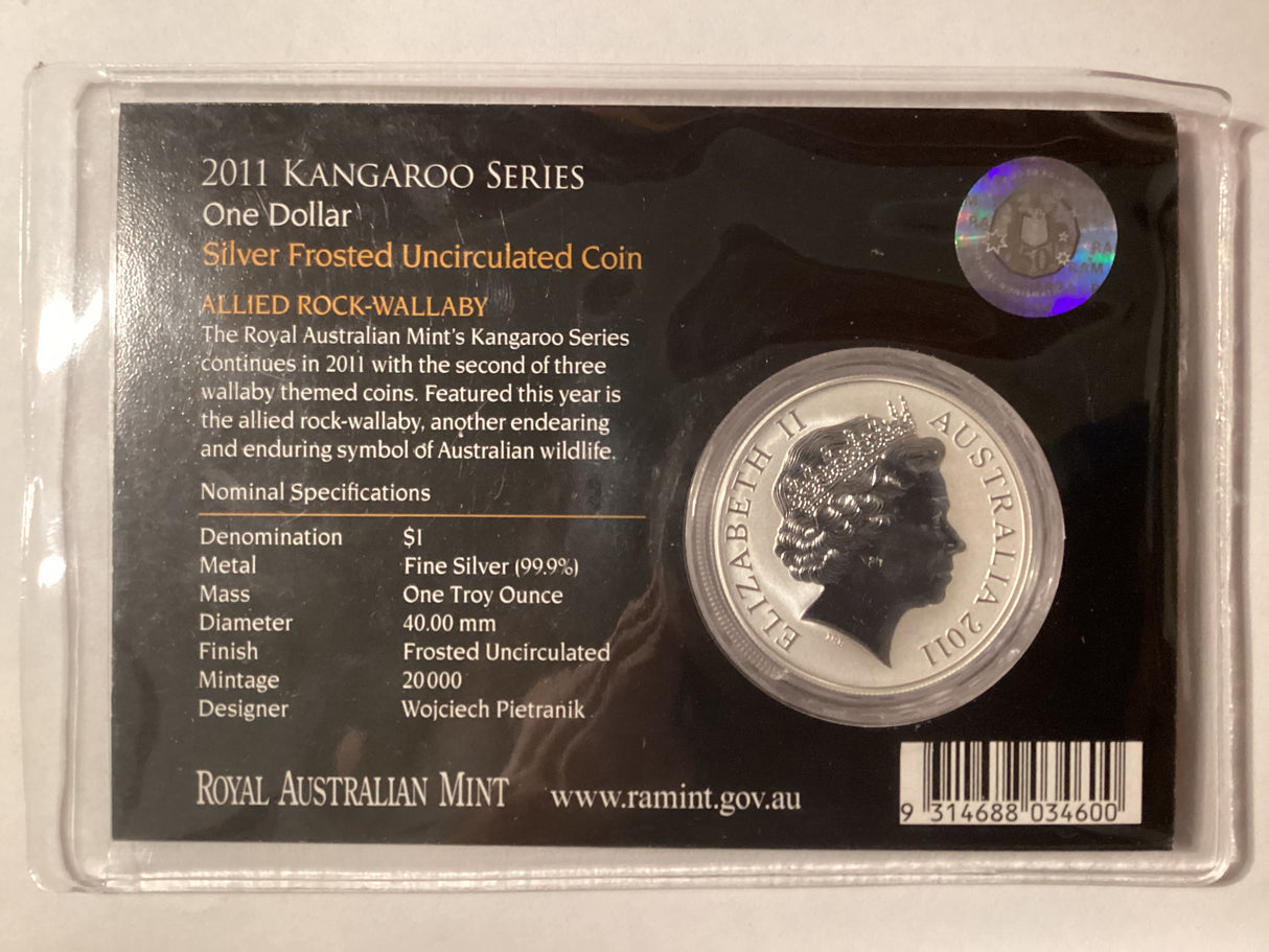 2011 $1 Frosted Uncirculated Silver Coin. Kangaroo Series. Allied-Rock-Wallaby.