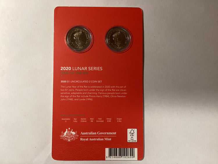 2020 Two Coin $1 Set. Lunar Series. Year of the Rat.