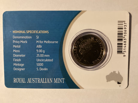 2015 $1 Mob of Roos Carded Coin. Anda Release. ‘M’ Mintmark