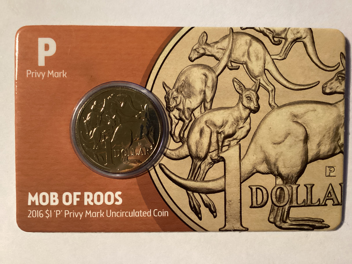 2016 $1 Mob of Roos Carded Coin. Anda Release. ‘P’ Mintmark