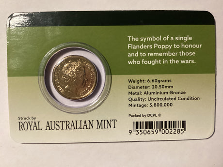 2012 $2 Uncirculated Carded Coin. Downies. Gold Poppy.